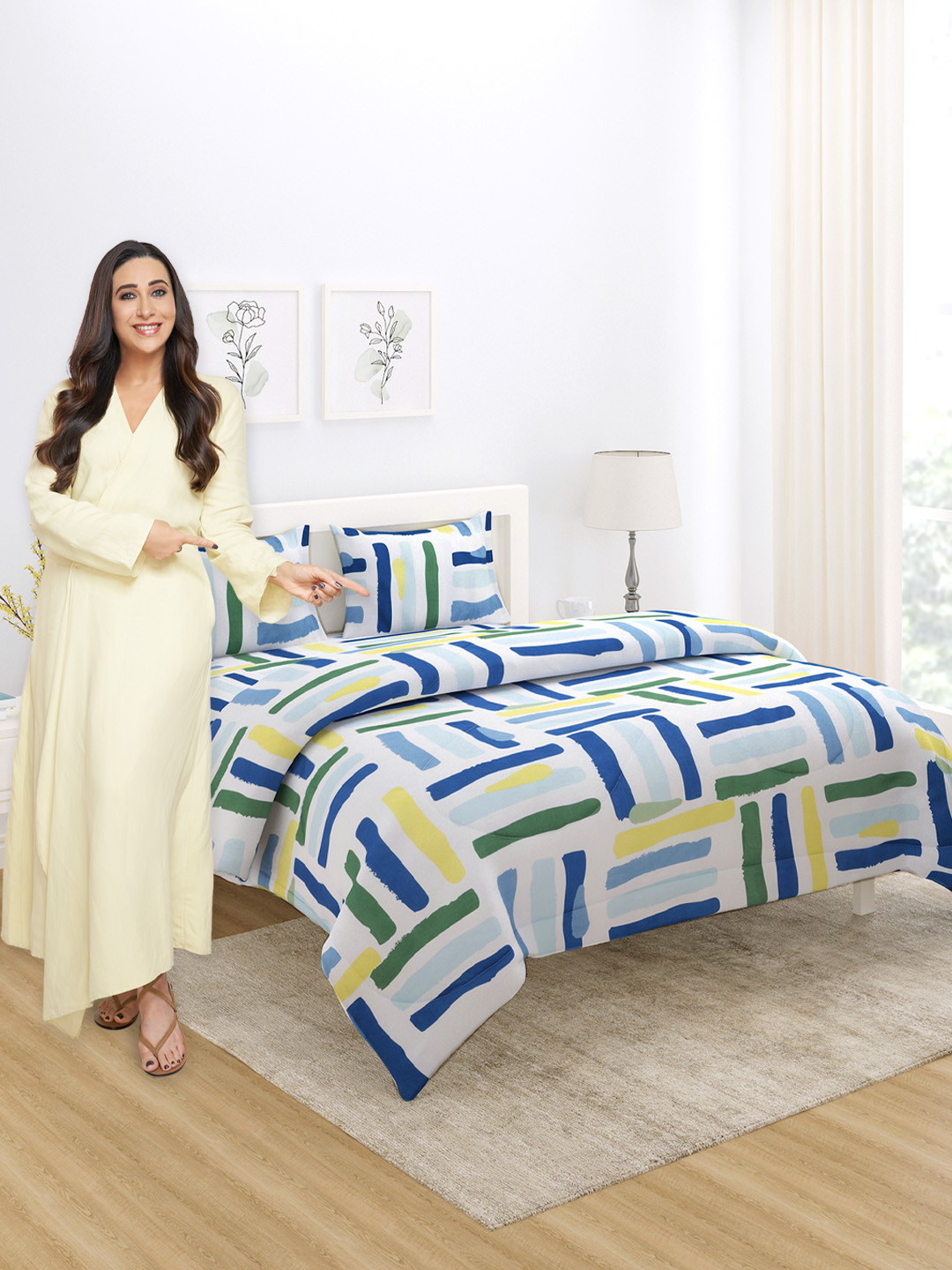 HOKIPO White & Blue Striped Microfiber AC Room 210 GSM Double Bed Comforter