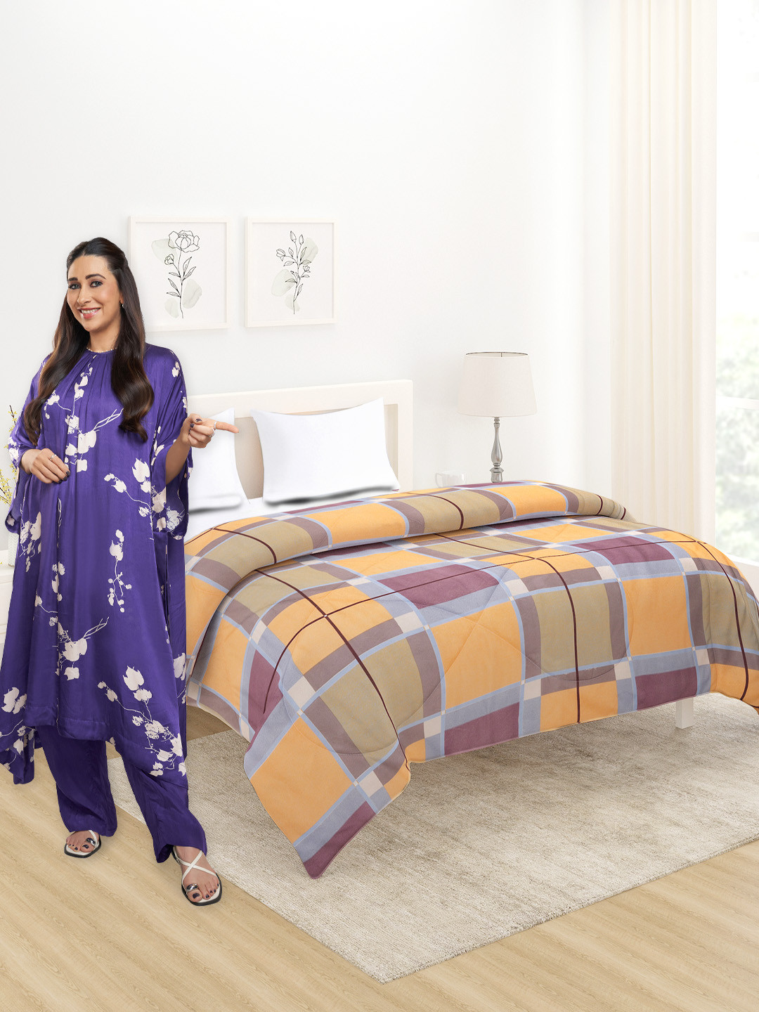 HOKIPO Orange & Purple Cotton AC Room 220 GSM Double Bed Comforter