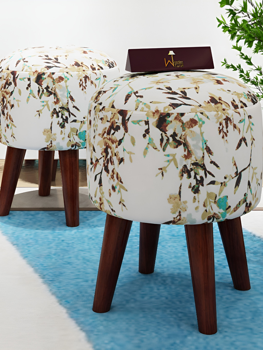 Wooden Twist Pack of 2 White & Mustard Yellow Printed Wooden Puffy Ottoman Stool