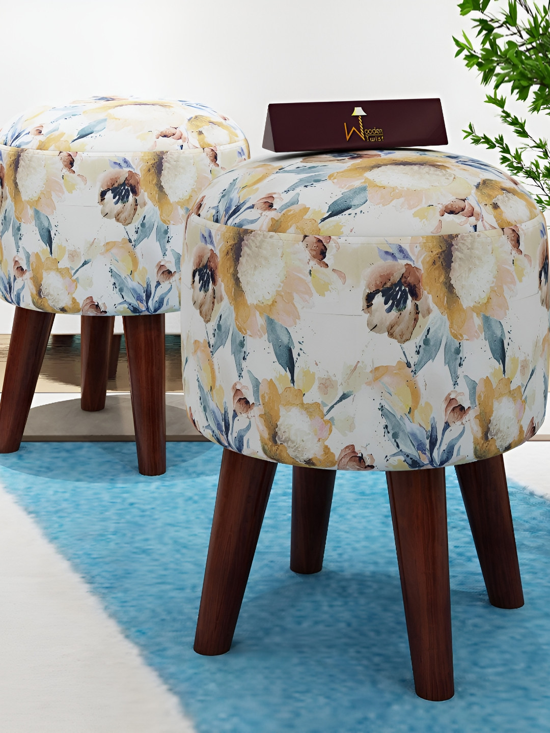 Wooden Twist Unisex Set Of 2 Printed Beige Wooden Ottomans