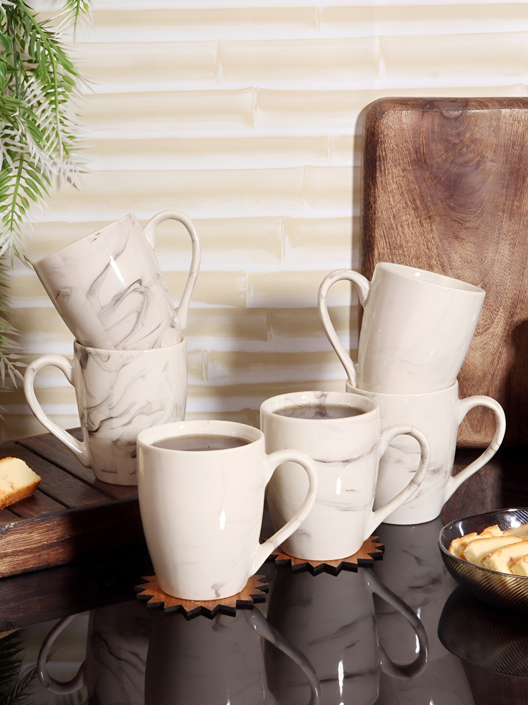 Aura Bloom & Grow White Abstract Ceramic Microwave Safe 6 Piece Mugs-250ml