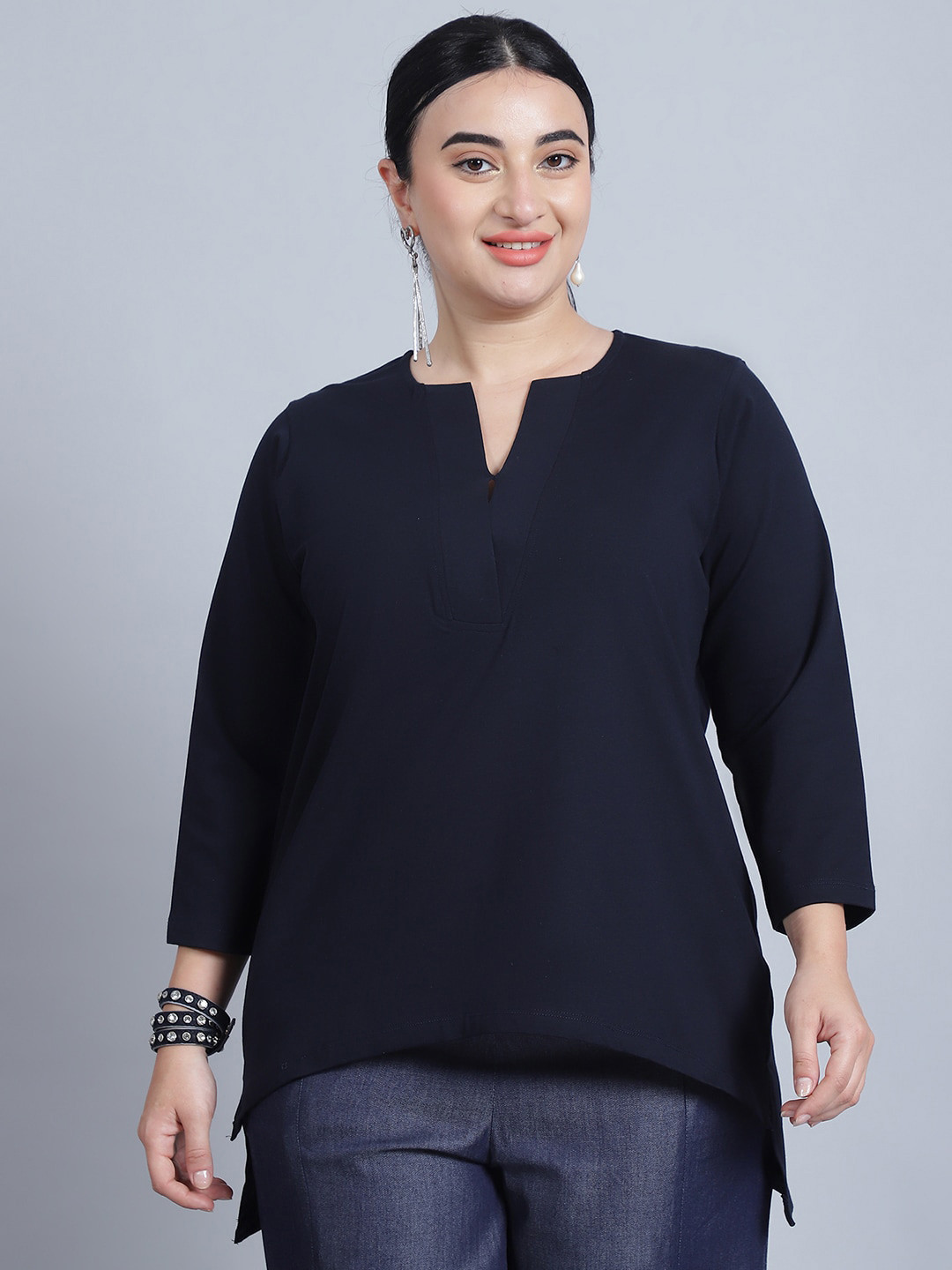 Baawri Solid Notch Round Neck Cotton Top