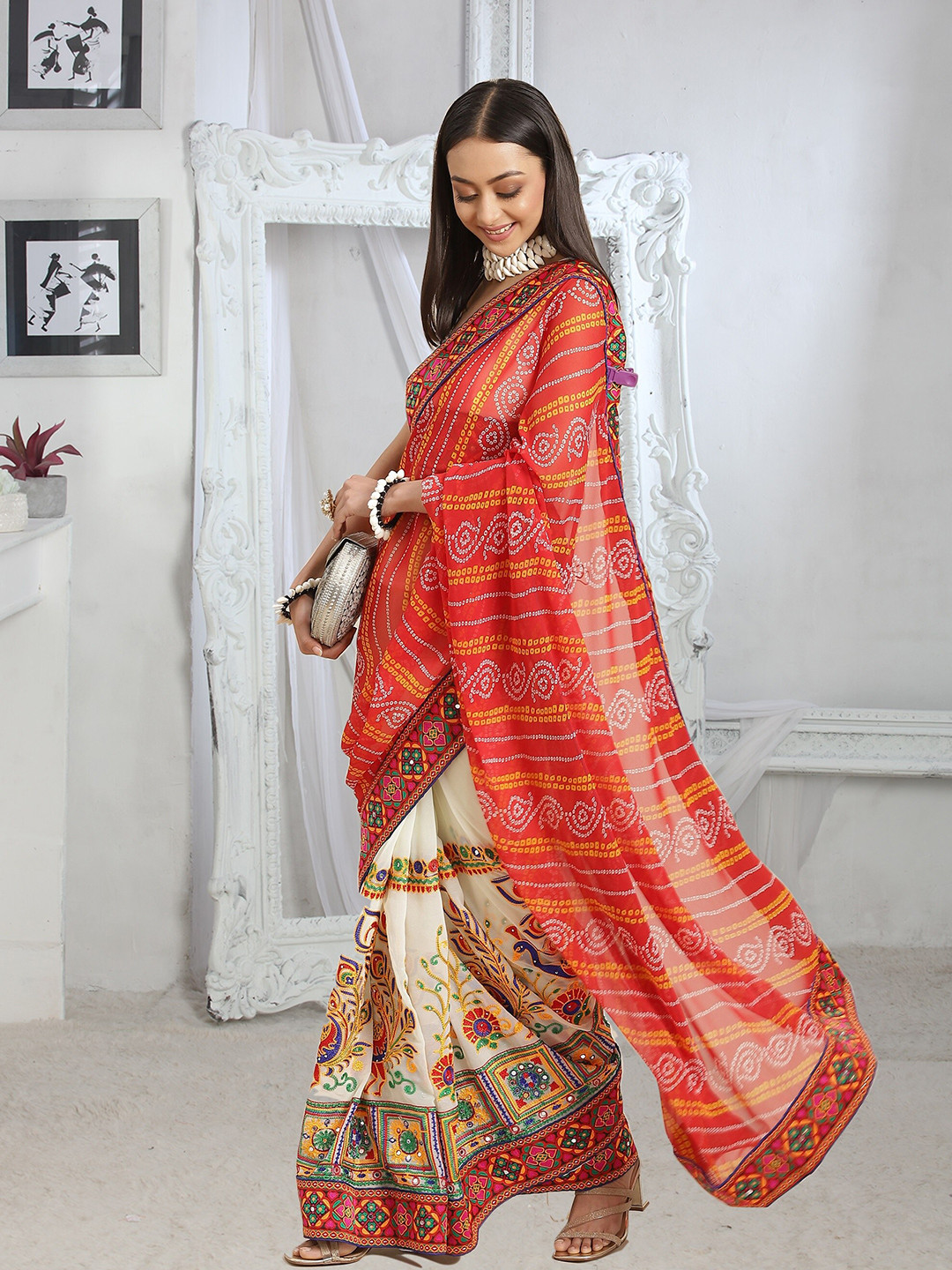 RAJGRANTH Bandhani Kutchi Embroidery Pure Georgette Half and Half Bandhani Saree