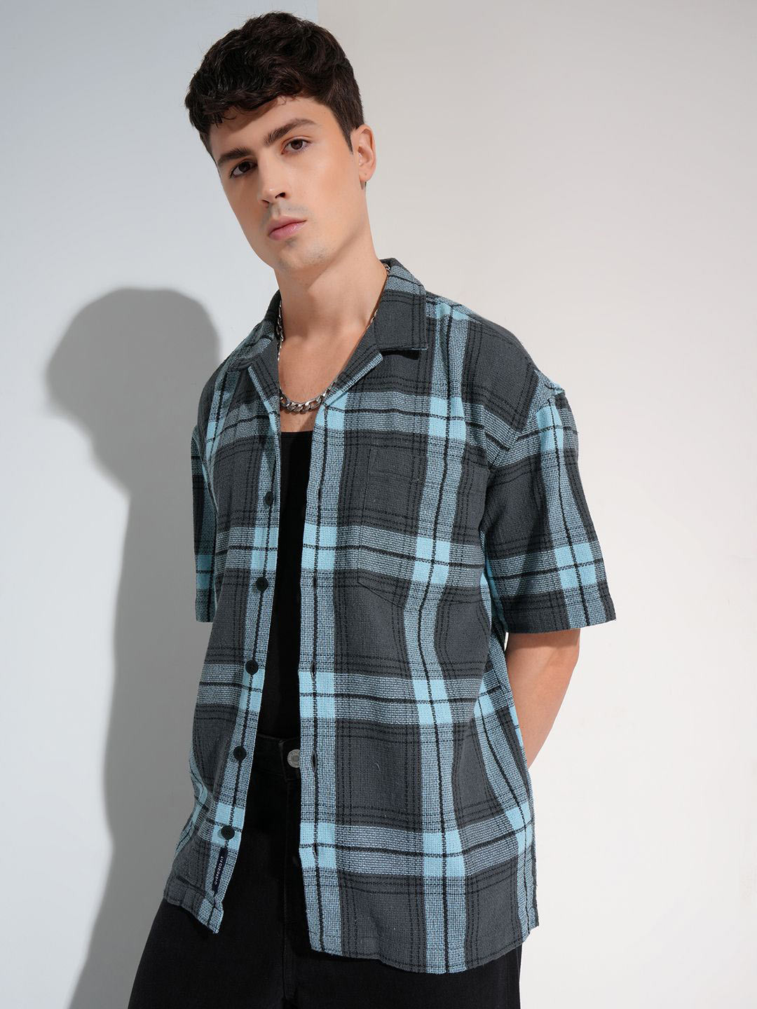 HIGHLANDER Men Oversized Textured Dobby Checked Cuban Collar Shirt