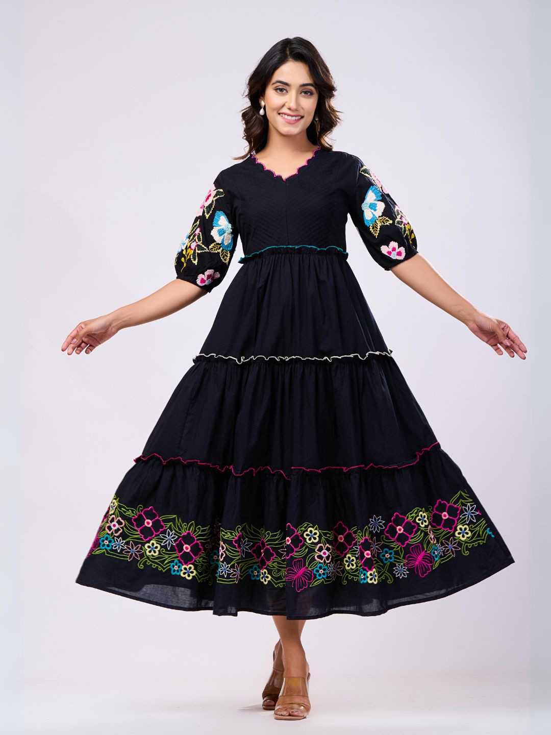 Zolo Label Floral Puff Sleeves Cotton Fit & Flare Maxi Dress