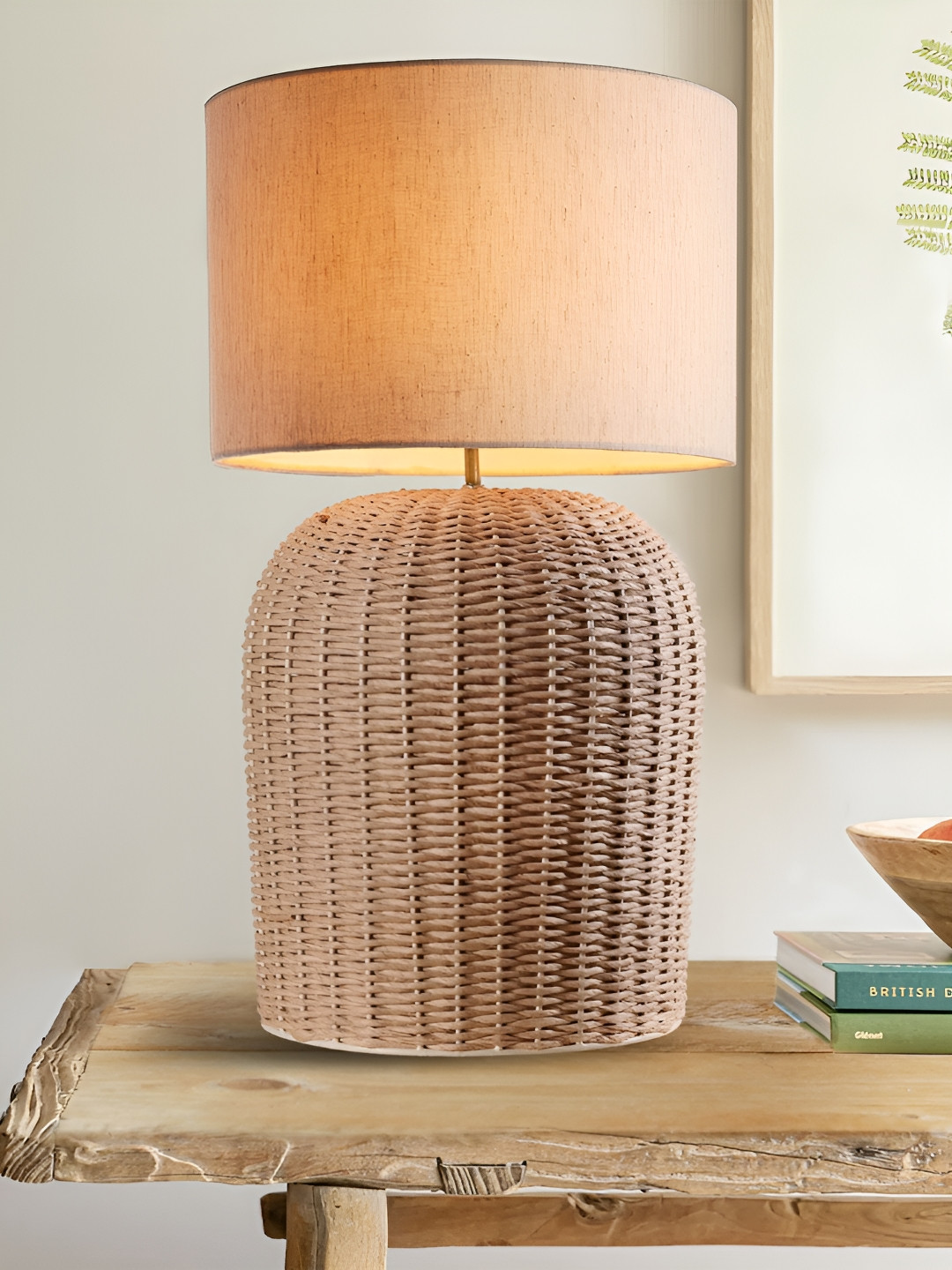 Decazone Beige Wooded Cylindical Shaped Table Lamp with Adjustable Cord