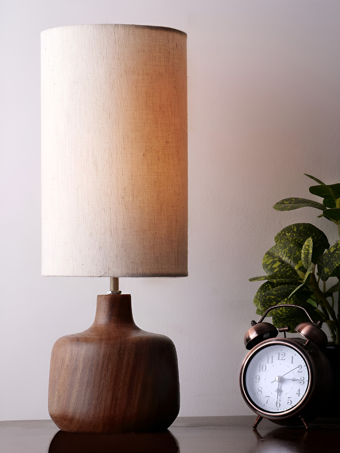 Decazone Beige Wooden Cylindrical Table Lamp with Adjustable Cord