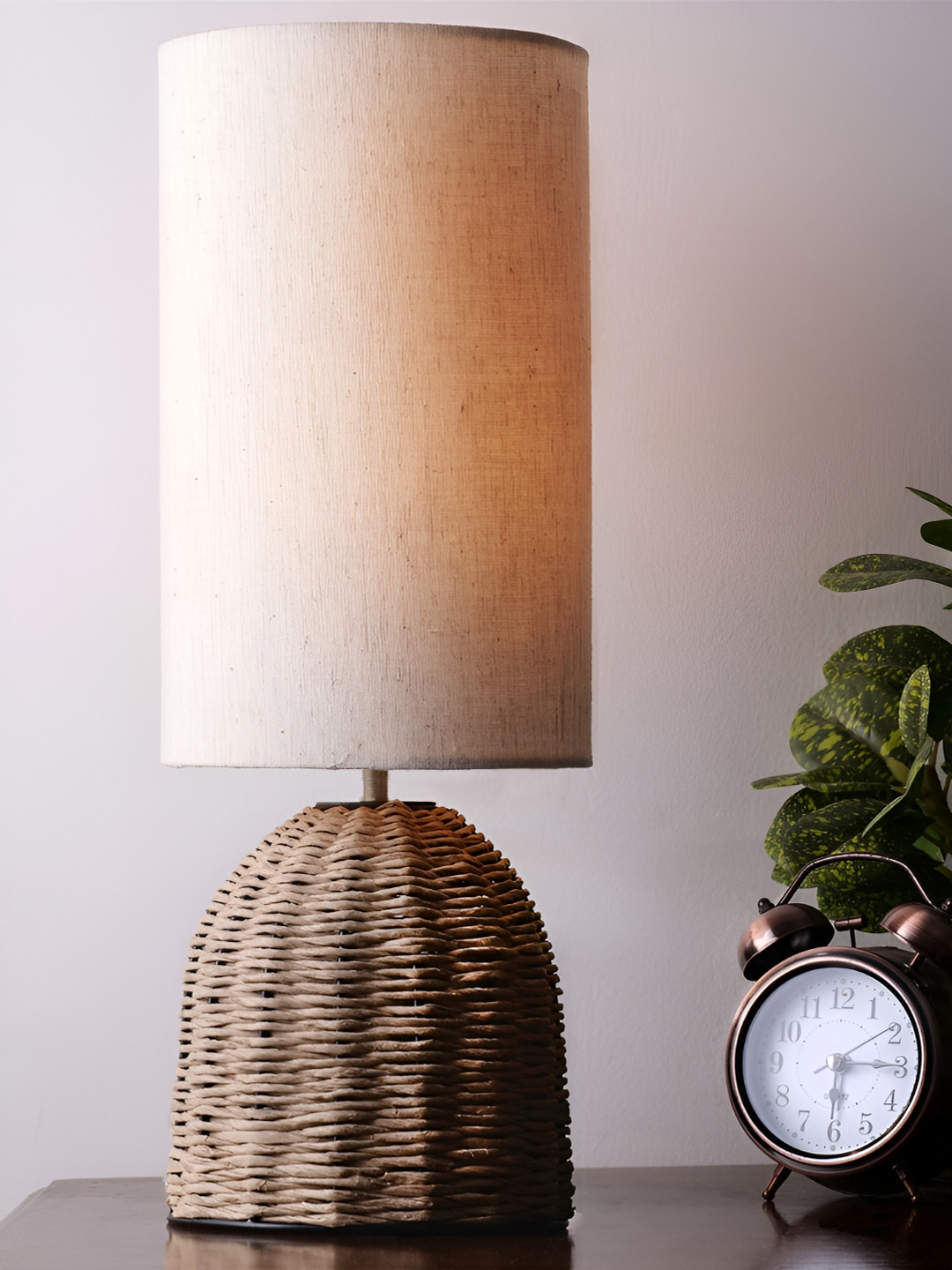 Decazone Beige & Brown Wooden Cylindrical Table Lamp with Adjustable Cord