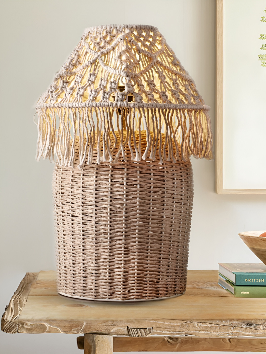 Decazone Beige Wooden Frustum Table Lamp with Adjustable Cord