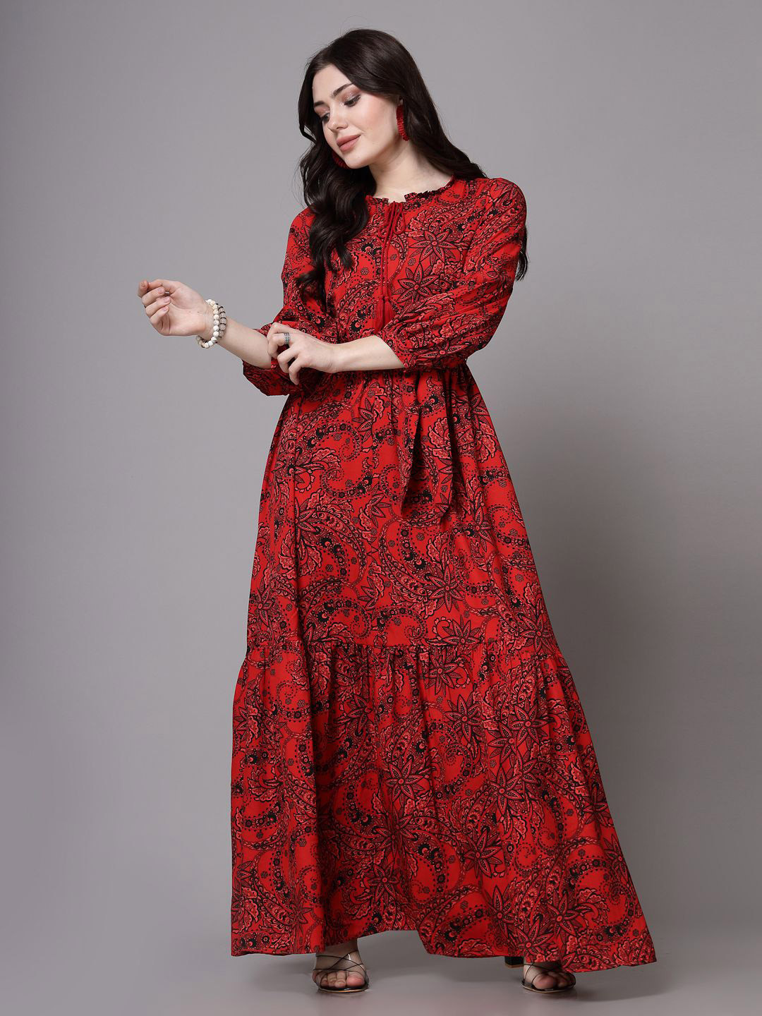 aayu Floral Printed Mandarin Collar Cuffed Sleeves Maxi Dress
