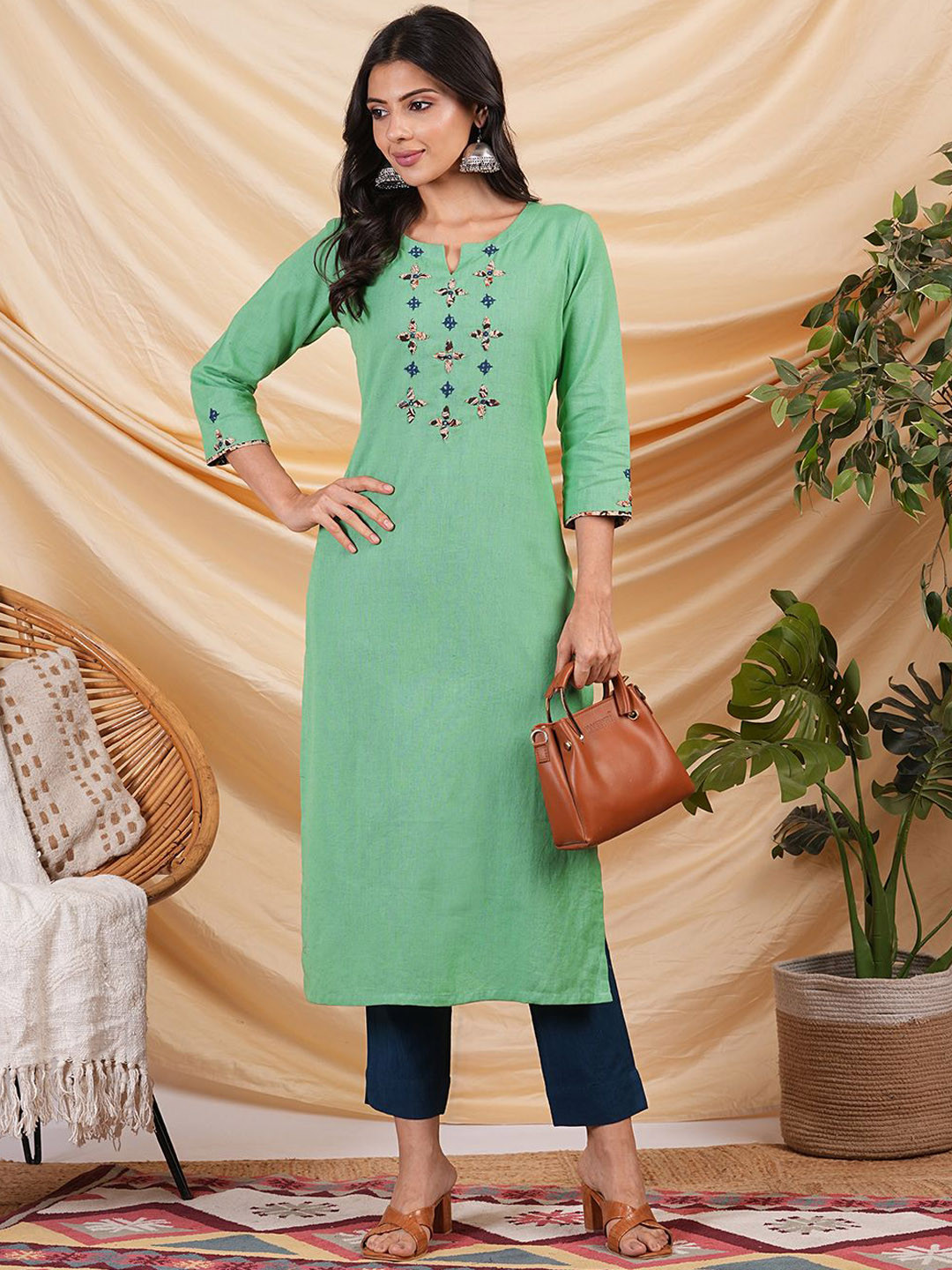 KAMI KUBI Women Ethnic Motifs Cotton Mandarin Collar Regular Slevees Kurti