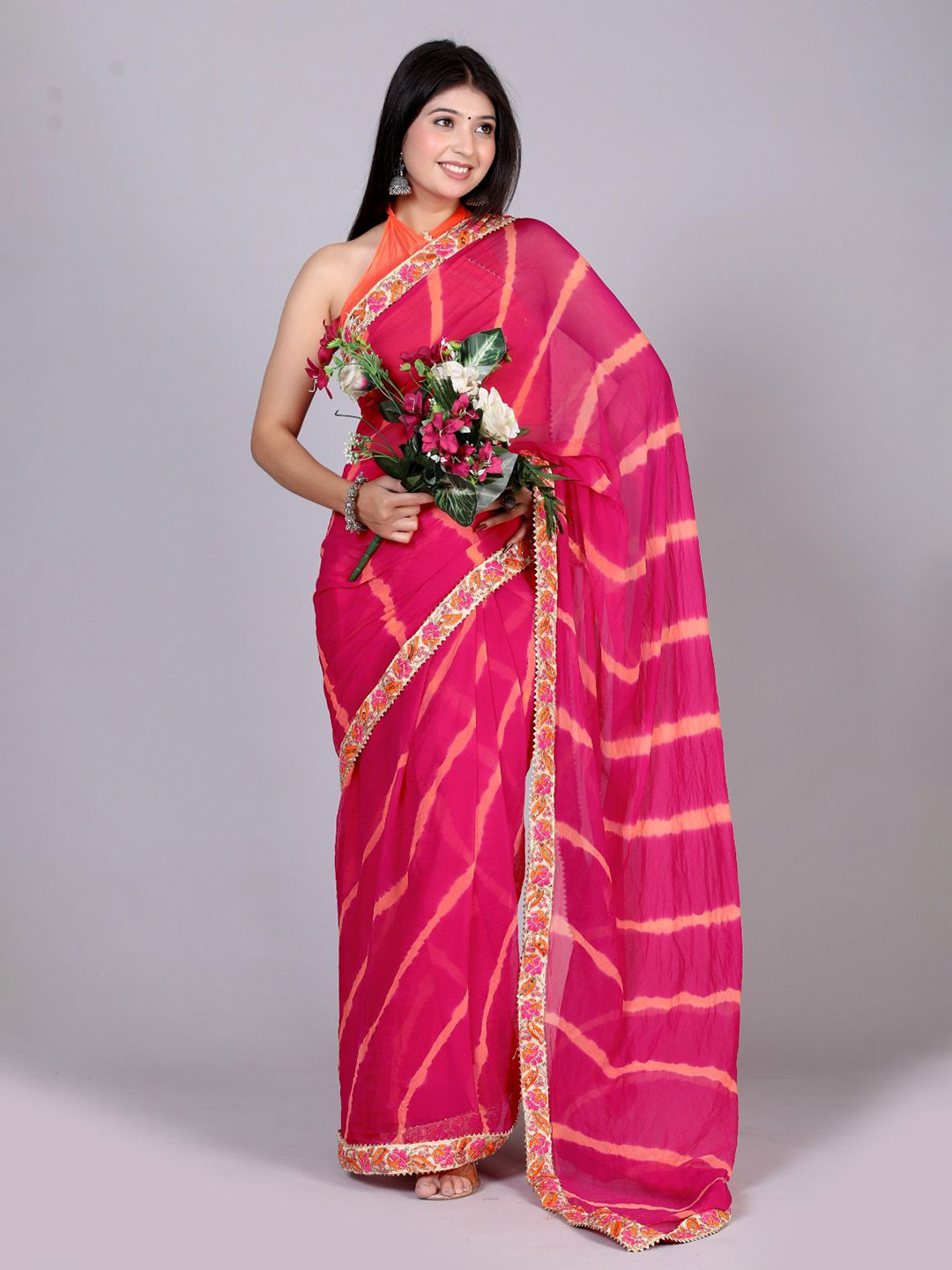VL SAREES Leheriya Kutchi Embroidery Pure Chiffon Leheriya Saree