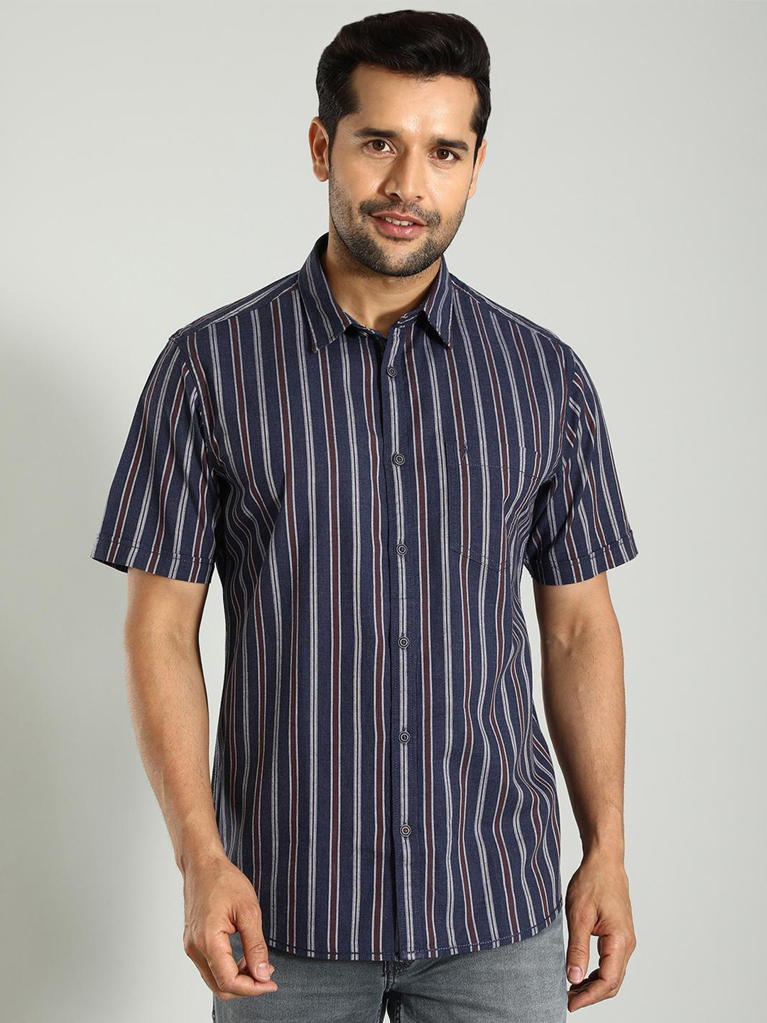 Indian Terrain Classic Spread Collar Slim Fit Striped Cotton Casual Shirt