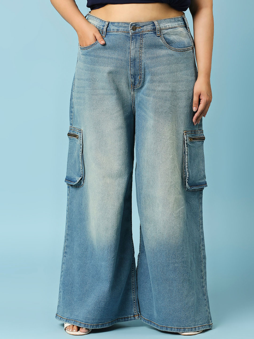 Turning Blue Women Wide Leg High-Rise Slash Knee Heavy Fade Stretchable Jeans