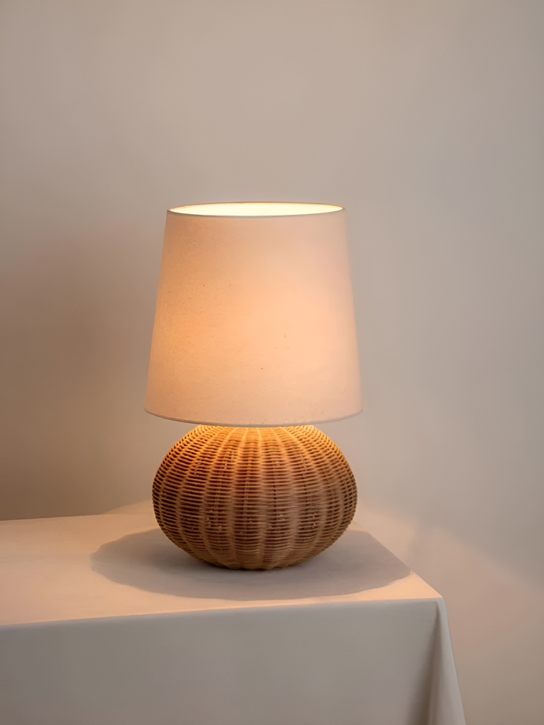 AKWAY Beige & Brown Rattan Bamboo Table Lamp