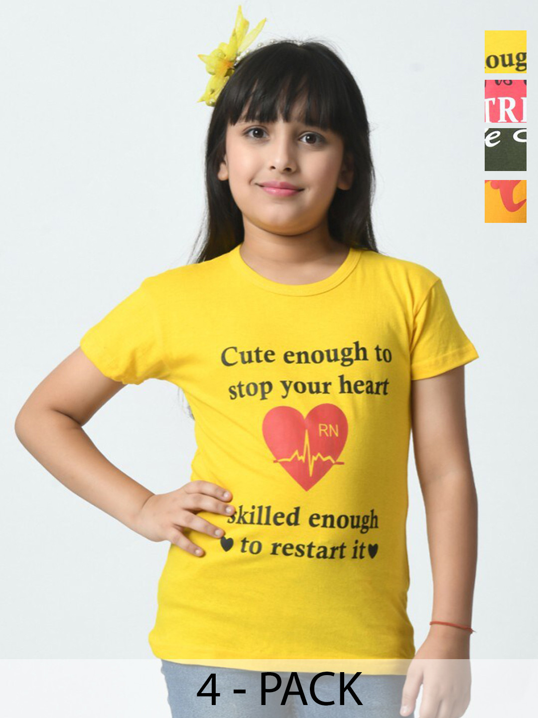 BAESD Pack Of 4 Girls Chest Printed Half Sleeves Applique T-shirt