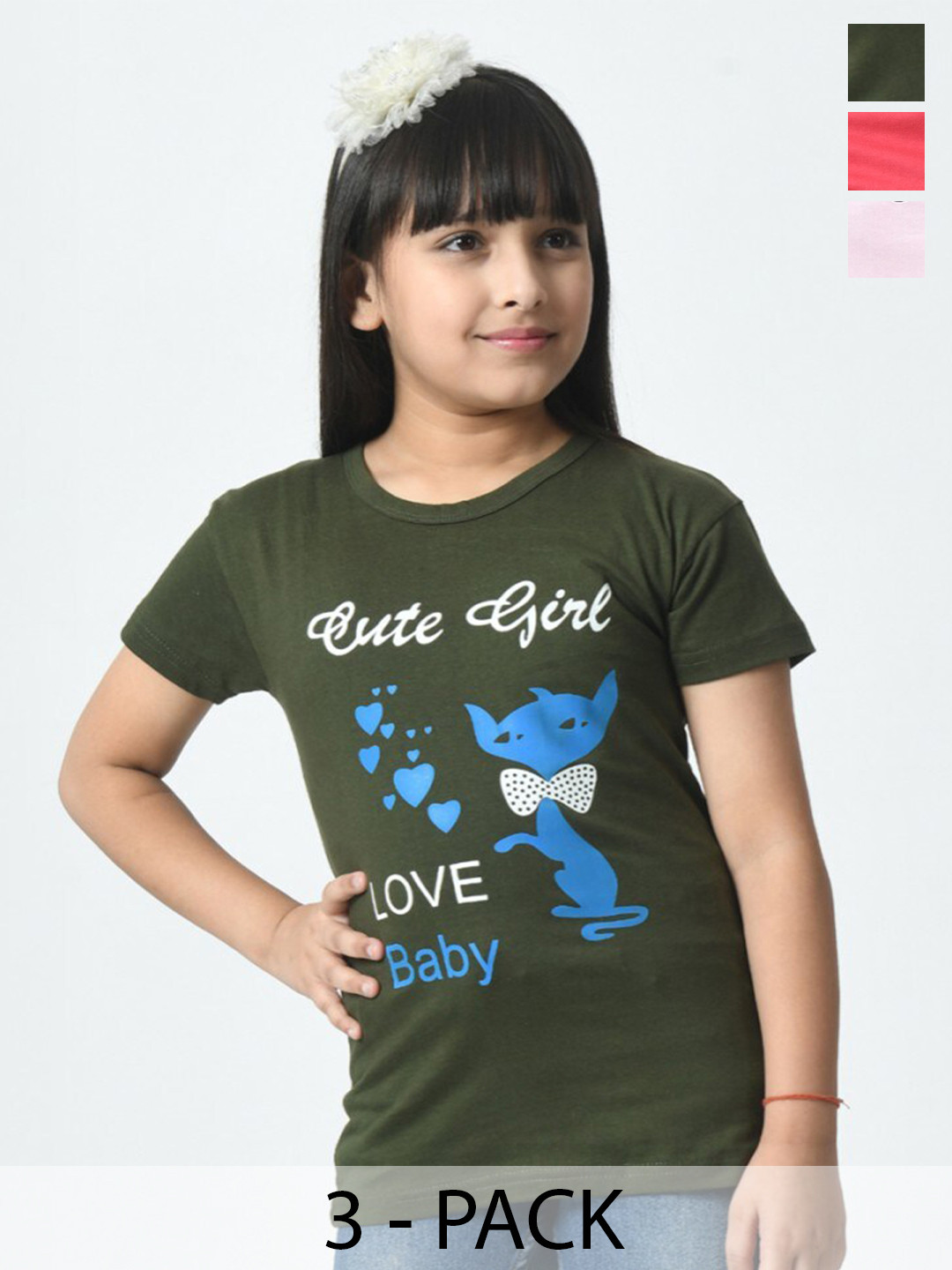 BAESD Pack Of 3 Girls Chest Printed Half Sleeves Applique T-shirt