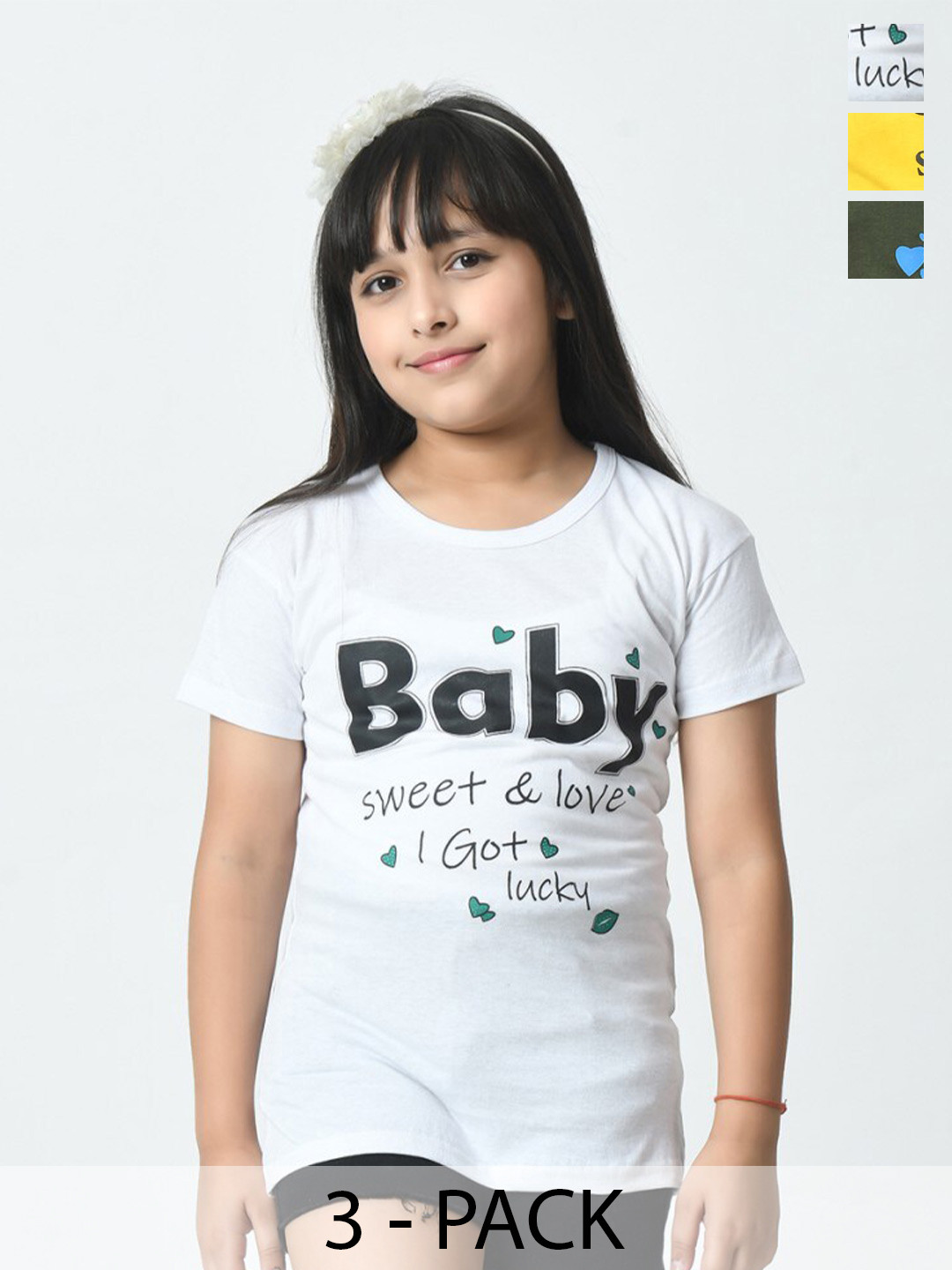 BAESD Pack Of 3 Girls Chest Printed Half Sleeves Applique T-shirt