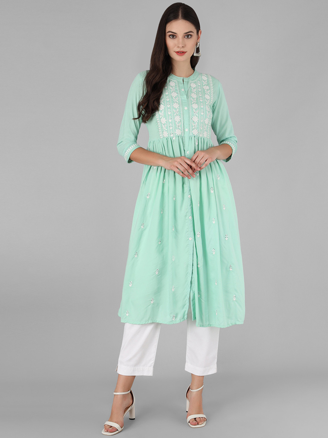 ANGITA Women Ethnic Motifs Embroidered Mandarin Collar Thread Work Kurta