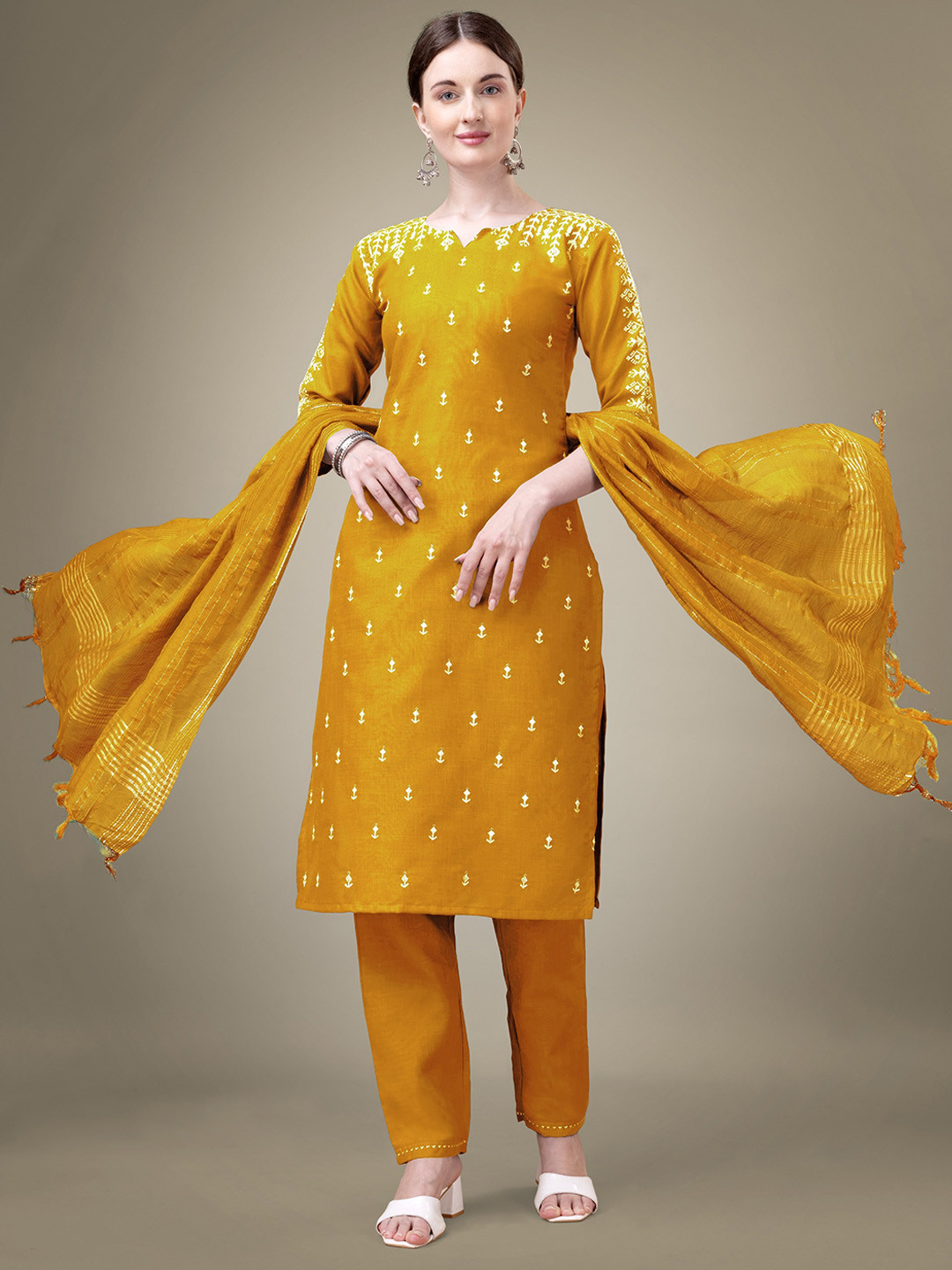 devkison Women Ethnic Motifs Embroidered Regular Thread Work Kurta Trousers With Dupatta