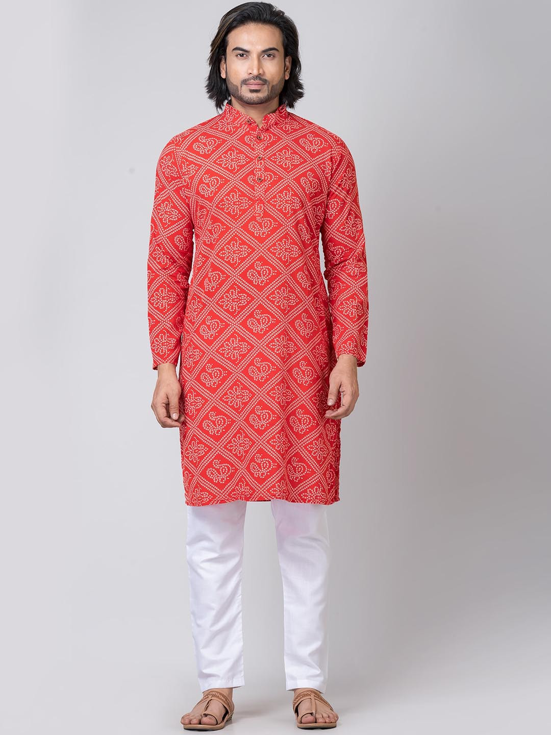 Kartikeya Jaipur Men Bandhni Printed Mandarin Collar Kurta