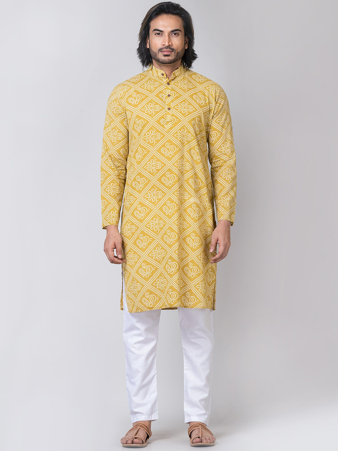 Kartikeya Jaipur Men Bandhni Printed Mandarin Collar Kurta