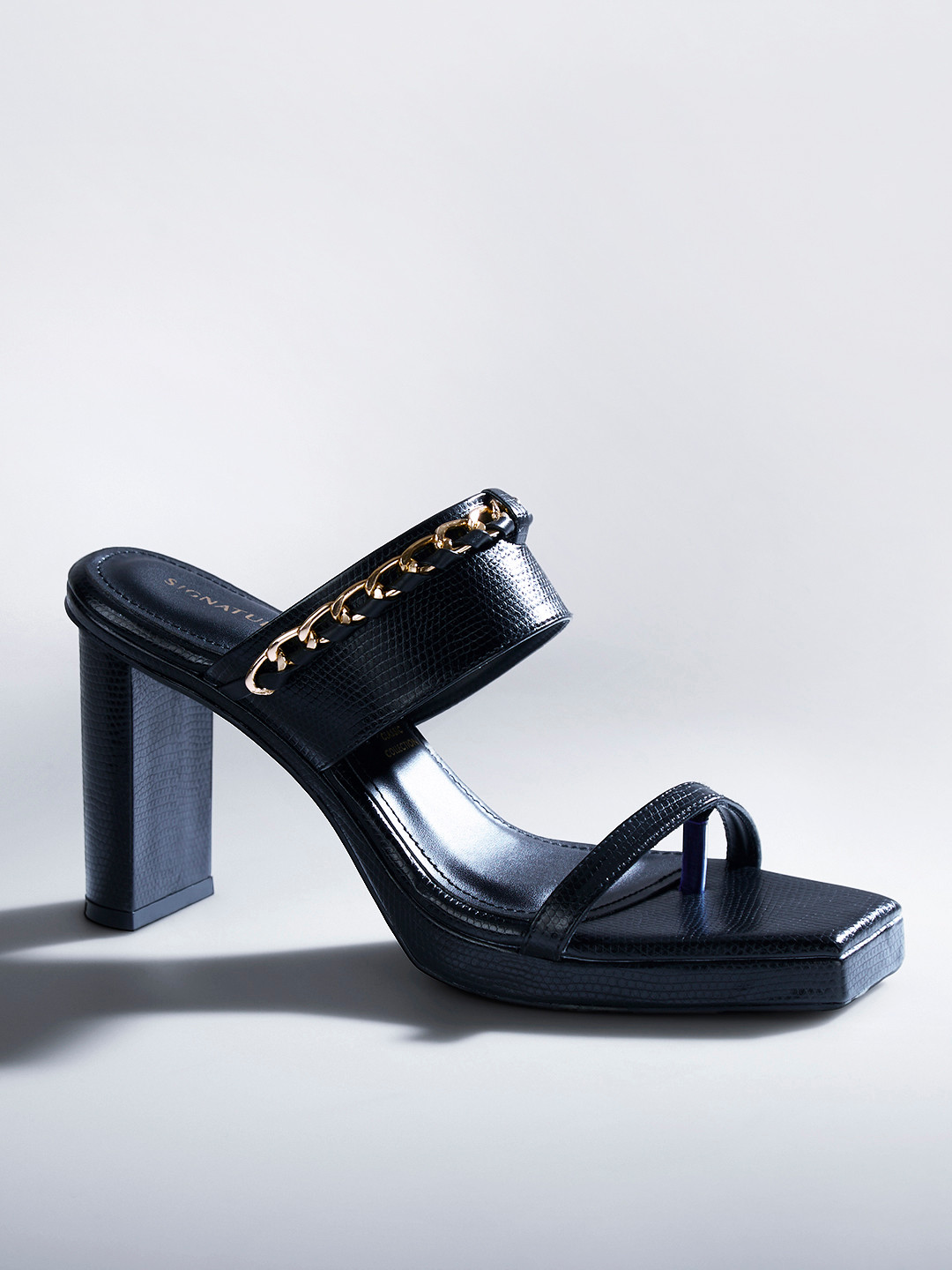 Signature Sole Black Chain Trim Wedge Block Heel