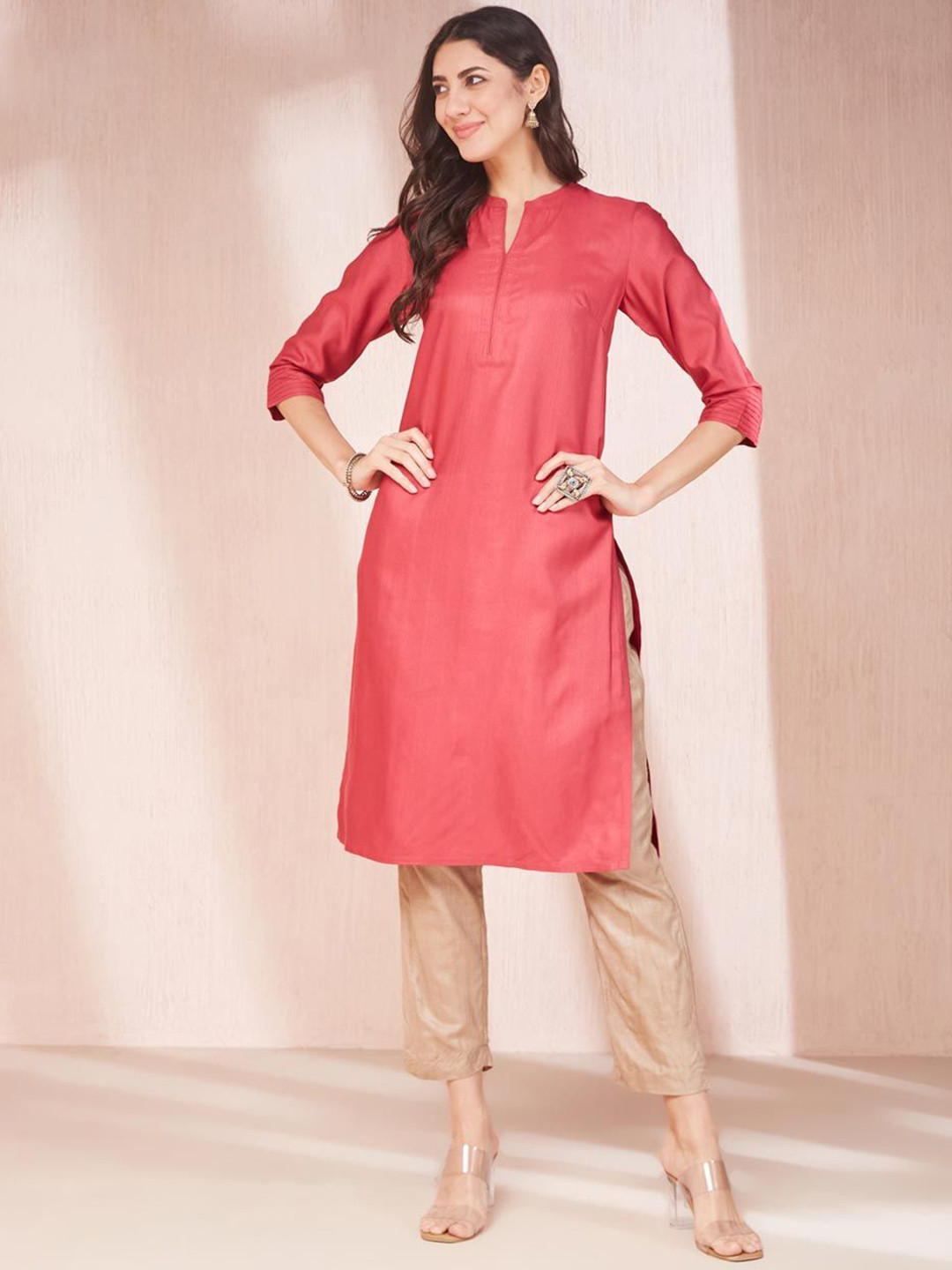 Fabindia Women V Neck Calf Length Long Kurta