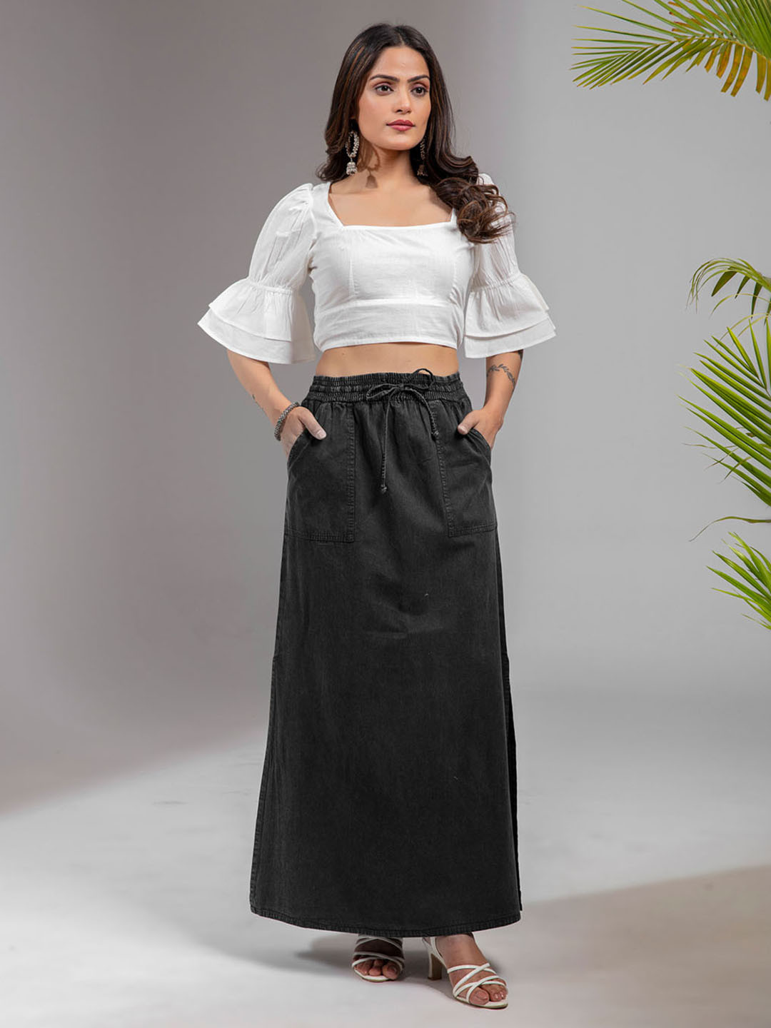 KASYA Women Solid Bell Sleeve Cotton Crop Top