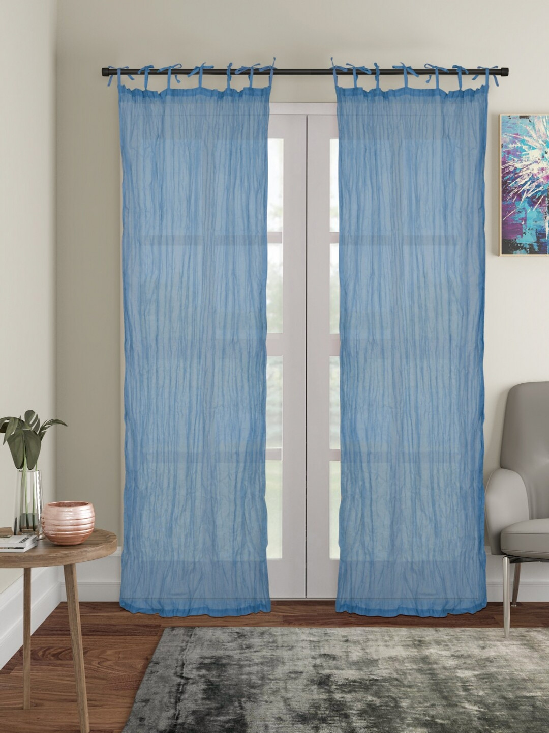 House of Pataudi 2-Pcs Blue Crinkled Cotton Door Curtains