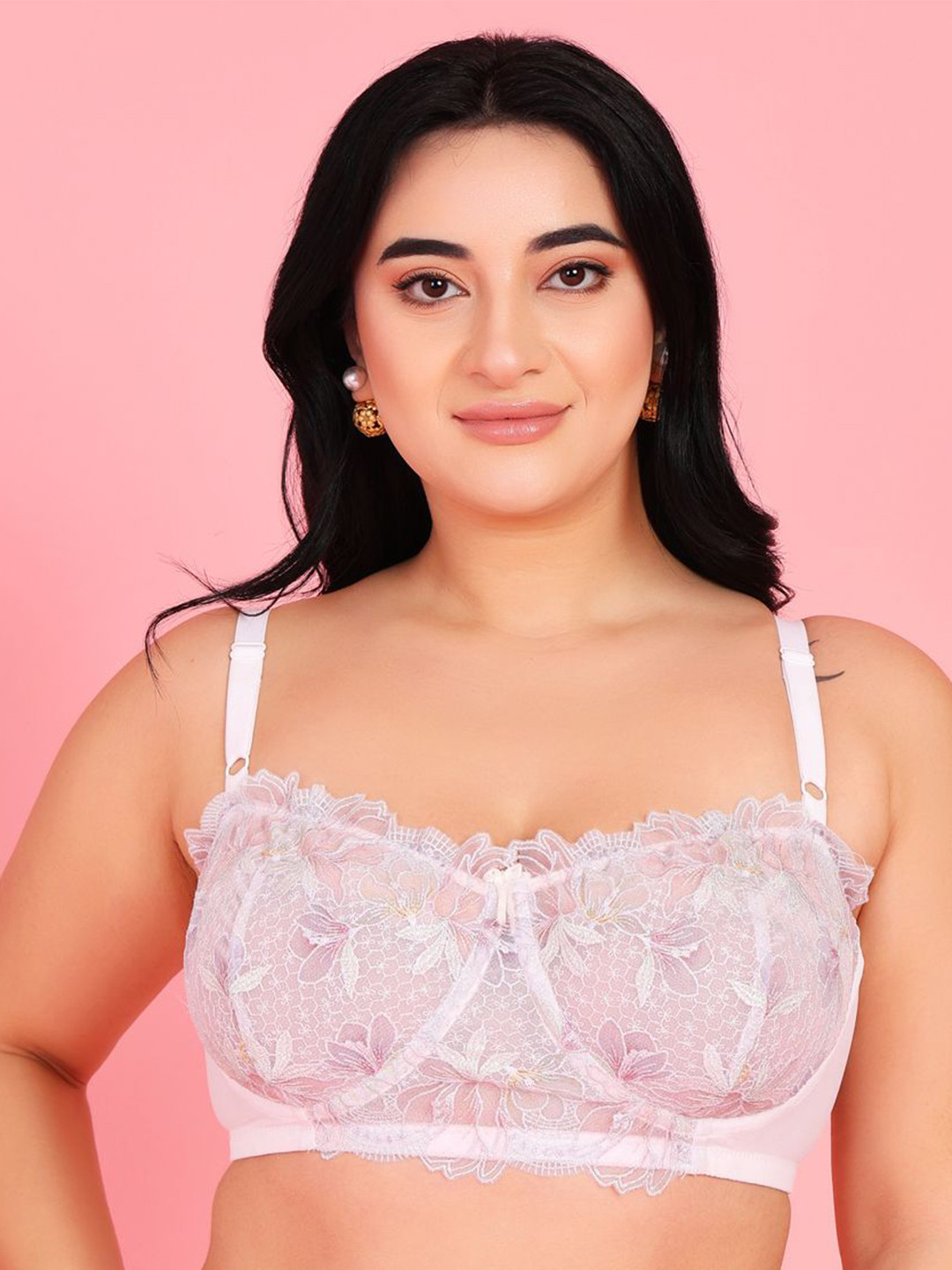 Curvy Love Women Abstract Medium Coverage Plus Size Underwired Balconette Embellished Bra