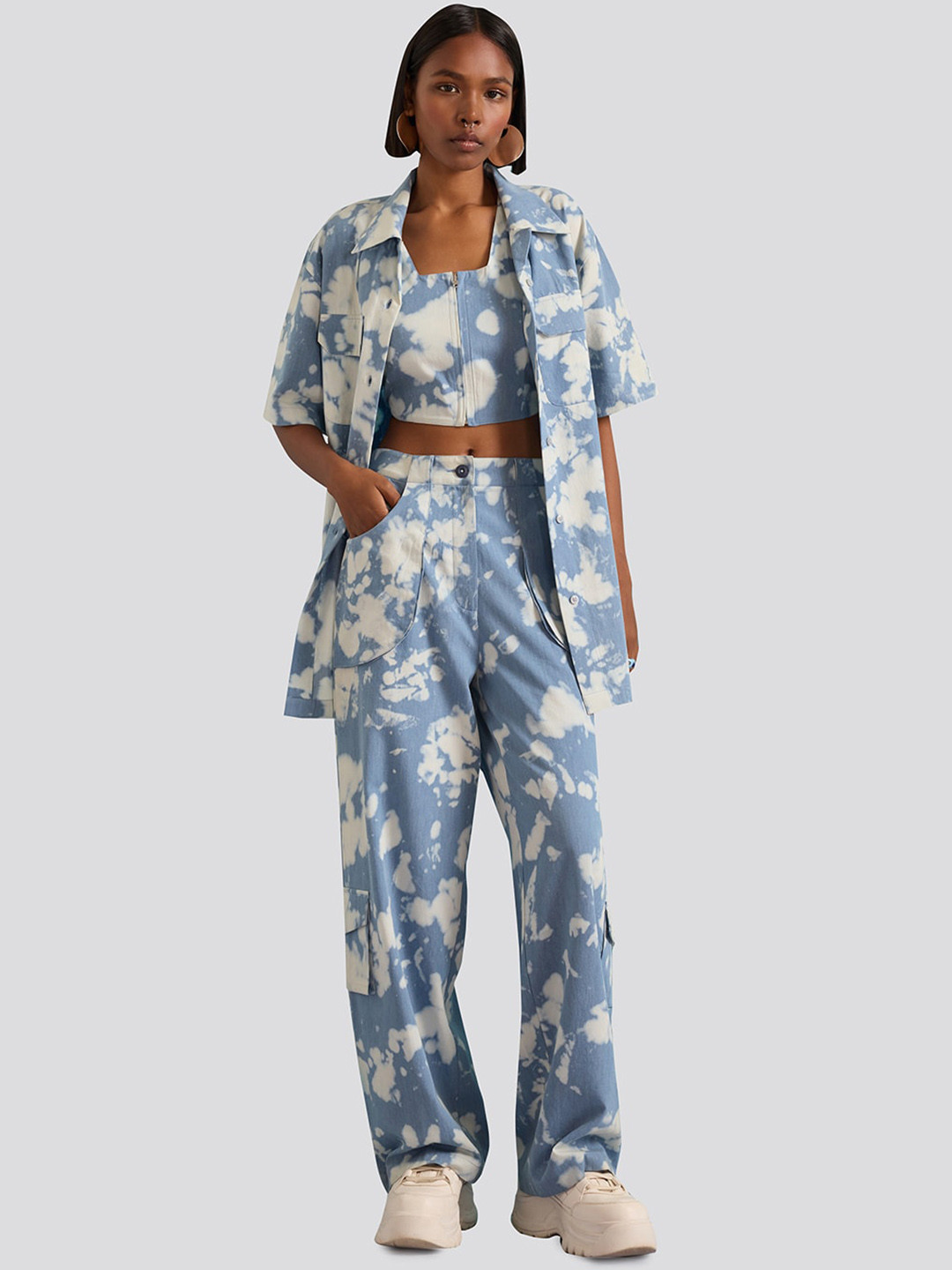 Muvazo Dyed Square Neck Top With Shirt-Collar Shirt & Trouser Co-Ords