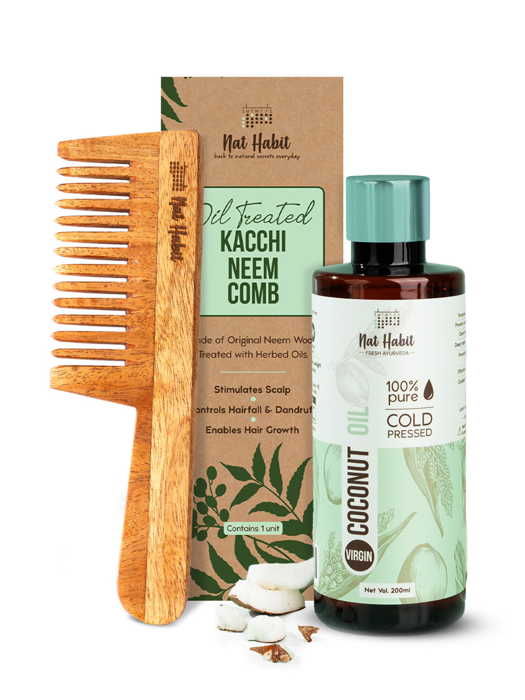 Nat Habit Kacchi Neem Wooden Hair Brush & Pure Cold Pressed Virgin Coconut Oil 200ml