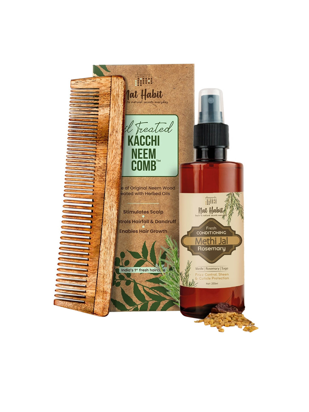 Nat Habit Kacchi Neem Wood Comb & Fresh Conditioning Rosemary Methi Jal 200ml