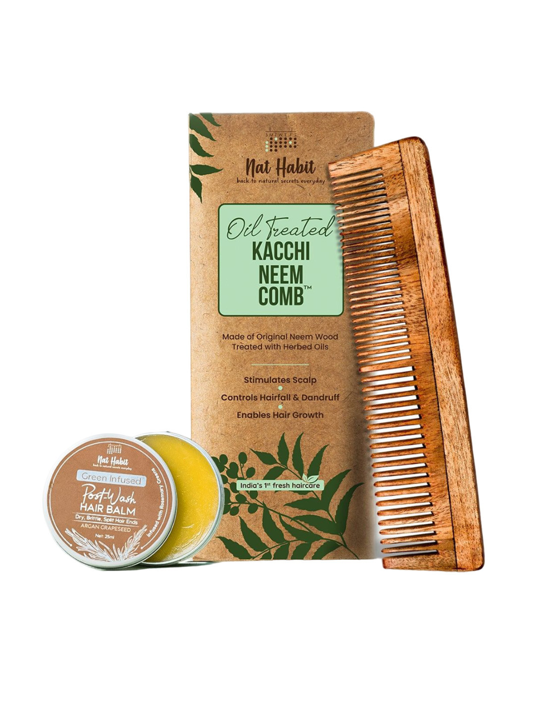 Nat Habit Kacchi Neem Wood Combo & Post Wash Argan Grapeseed Hair Balm 25ml