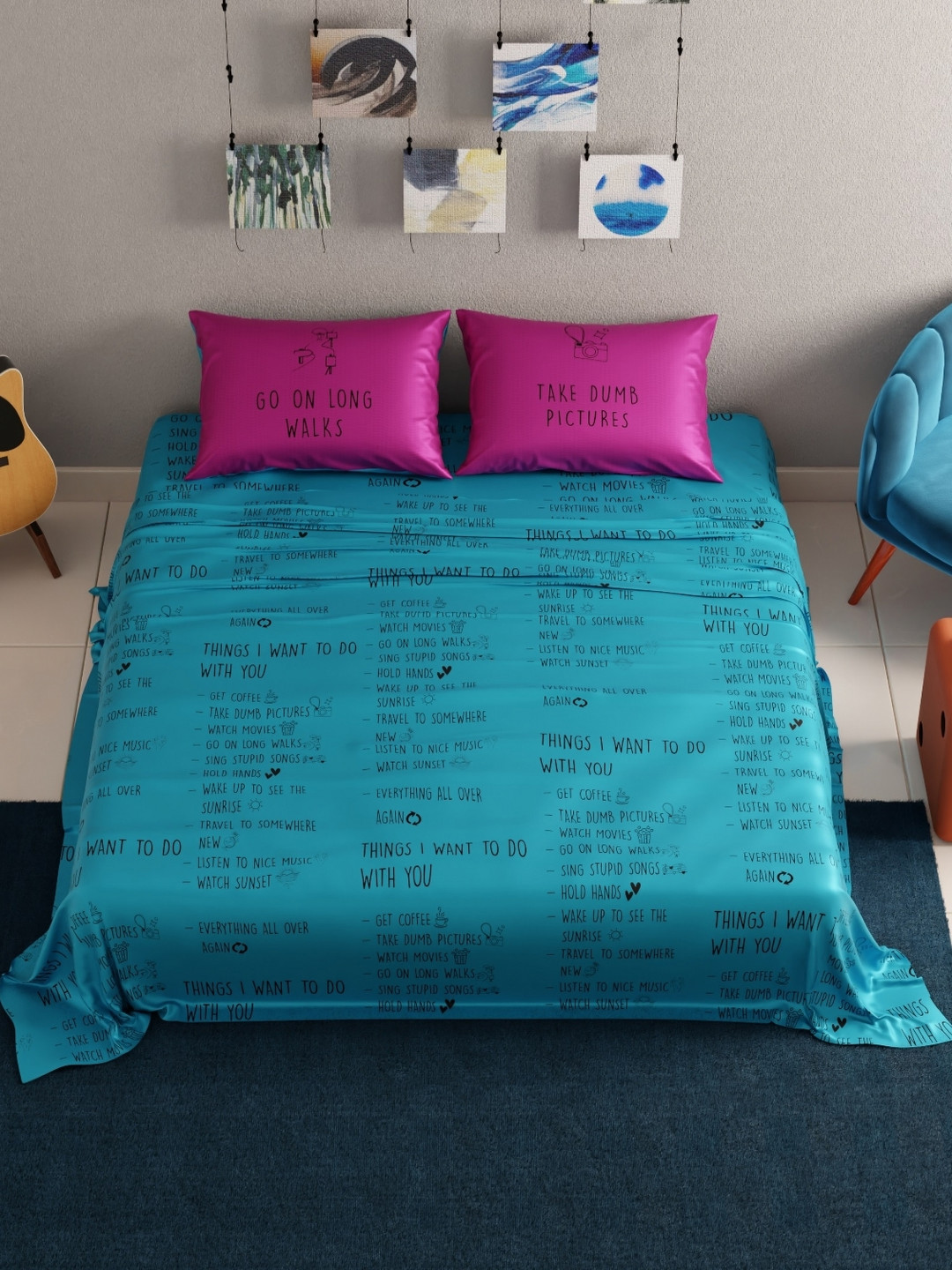 QuirkLoom Things I Want To Do Blue Typography Polyester 300 TC Double Fine Bedsheet with 2 Pillow Covers-100 x 90 inches