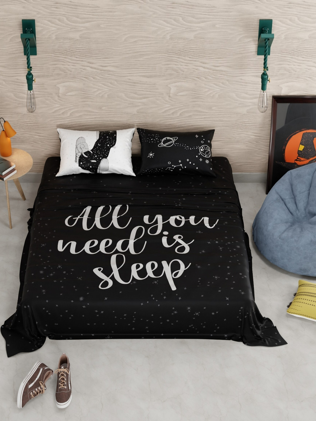 QuirkLoom All You Need Is Sleep Black Typography Polyester 300 TC Queen Fine Bedsheet with 2 Pillow Covers-100 x 90 inches
