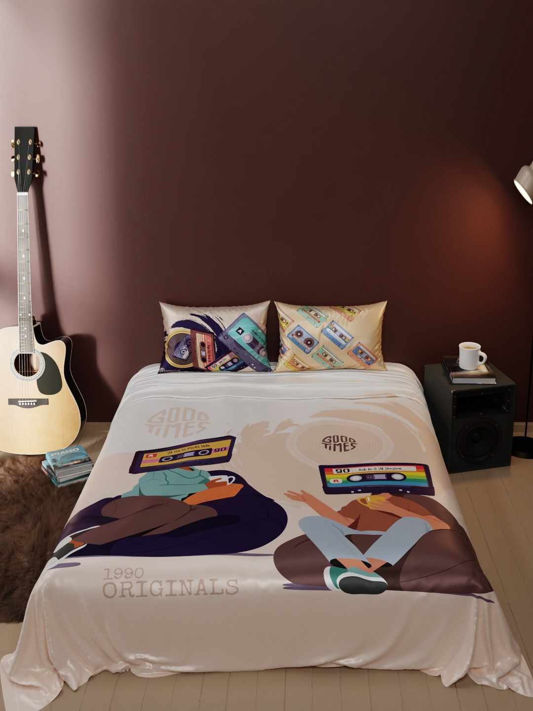 QuirkLoom Beige Graphic Polyester 300 TC Double Fine Bedsheet with 2 Pillow Covers-254 x 228 cm
