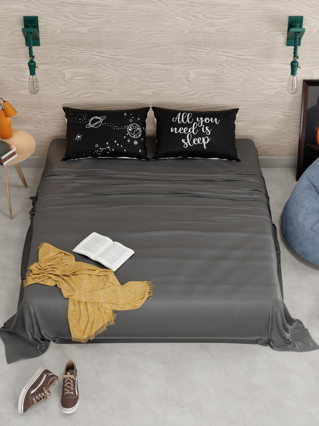 QuirkLoom All You Need is Sleep Plain Sateen Double Bedsheet With 2 Pillow Covers