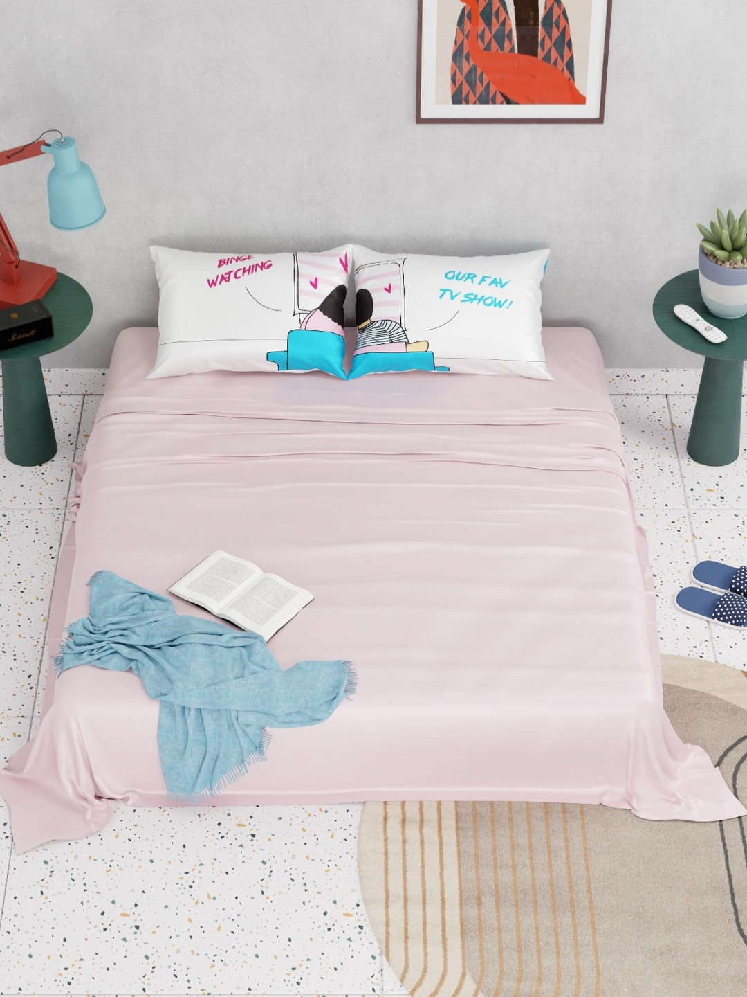 QuirkLoom Pink Solid Polyester 300 TC Queen Fine Bedsheet with 2 Pillow Covers-254 x 145 cm