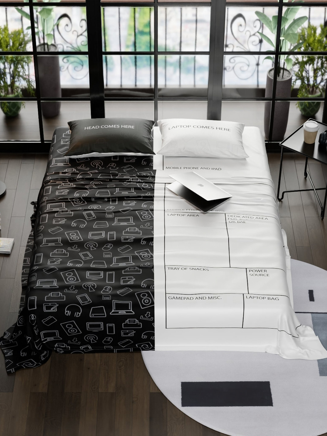 QuirkLoom Black Graphic Polyester Shrink Resistant 300 TC Queen Fine Bedsheet with 2 Pillow Covers-254 x 228 cm