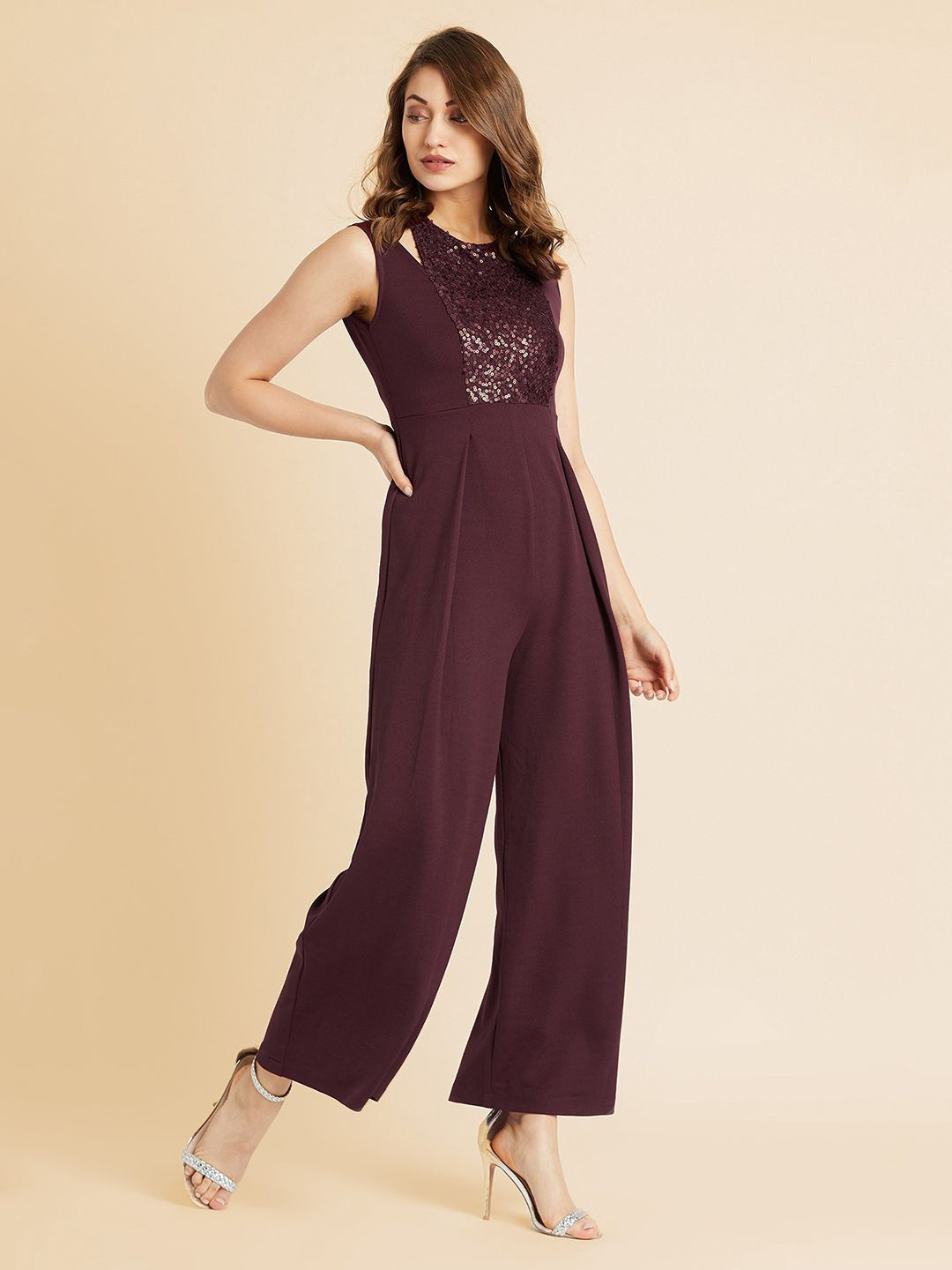 all about you Women Halter Neck Sleeveless Pleated Wide Leg Sequin Paneled Jumpsuit