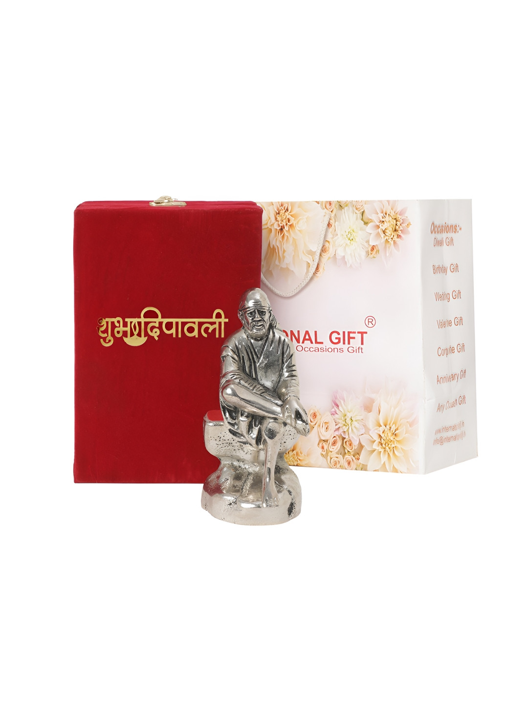 INTERNATIONAL GIFT Sai Baba with Happy Diwali Wishes Silver Metal Metallic Prayer Room Medium Showpiece - 6.3 Inches