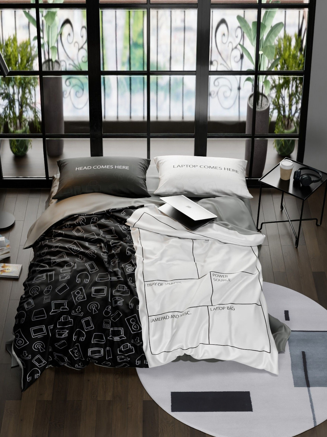 QuirkLoom White & Black Geometric Other 4 Piece Double Regular Bedding Set