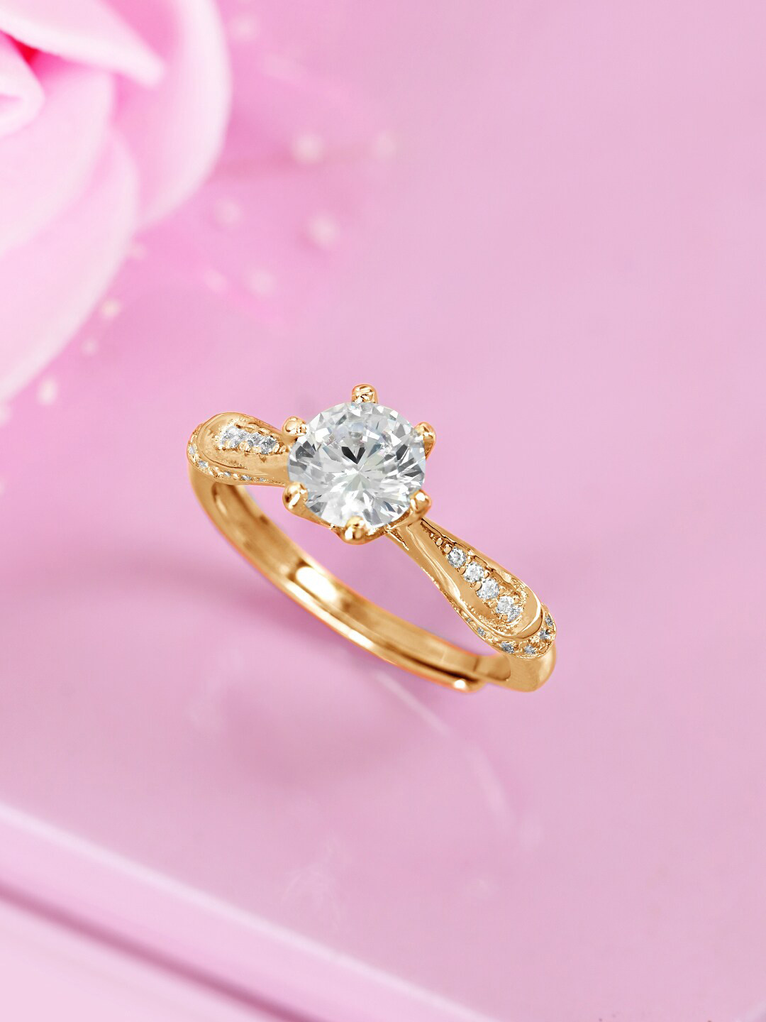 Zavya Women Pure Sterling Silver Gold-Plated Cubic Zirconia-Studded Adjustable Finger Ring