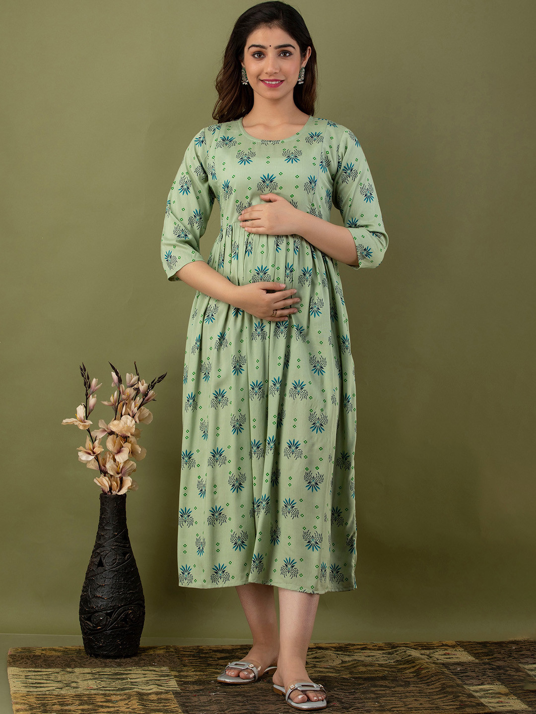 Mialo fashion Ethnic Motifs Printed Maternity Fit & Flare Ethnic Midi Dress