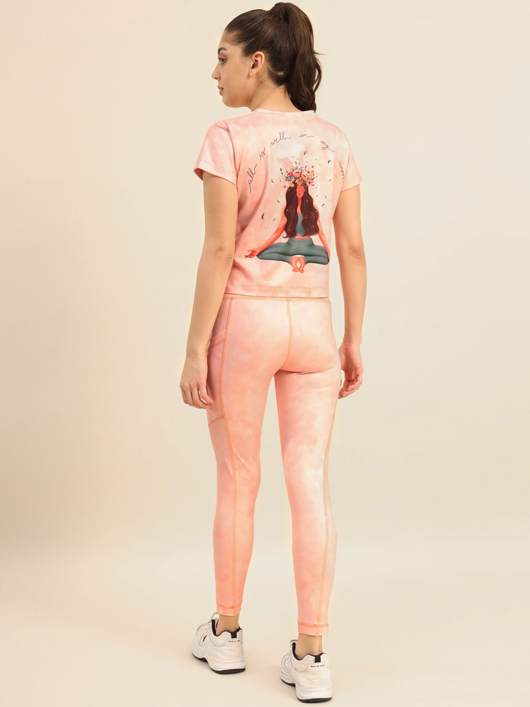 Bannos Swagger Peach Tie and Dye Printed Round Neck T-shirt & Tight