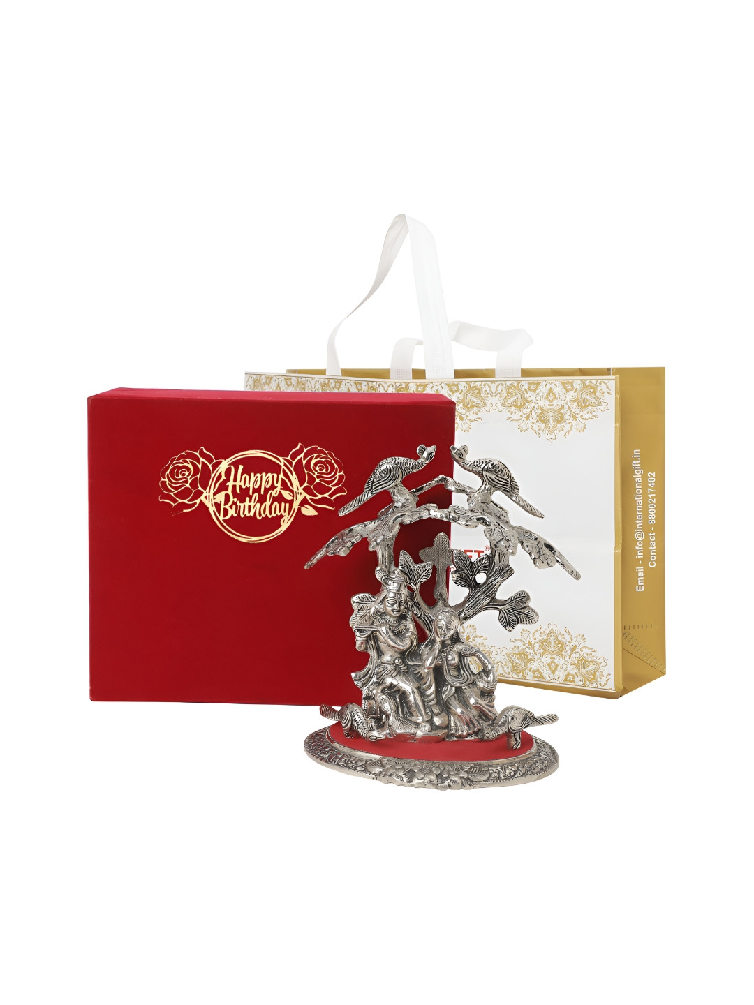 INTERNATIONAL GIFT Radha Krishna Tree with Happy Birthday Wishes Silver Metal Metallic Prayer Room Medium Showpiece - 7.9 Inches