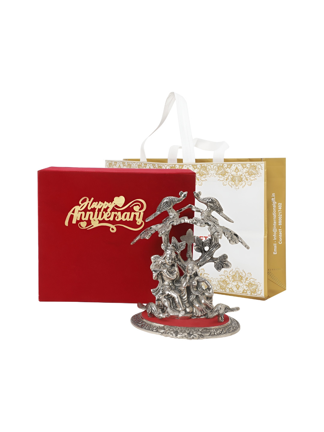 INTERNATIONAL GIFT Radha Krishna Tree with Happy Anniversary Wishes Silver Metal Metallic Prayer Room Medium Showpiece - 7.9 Inches