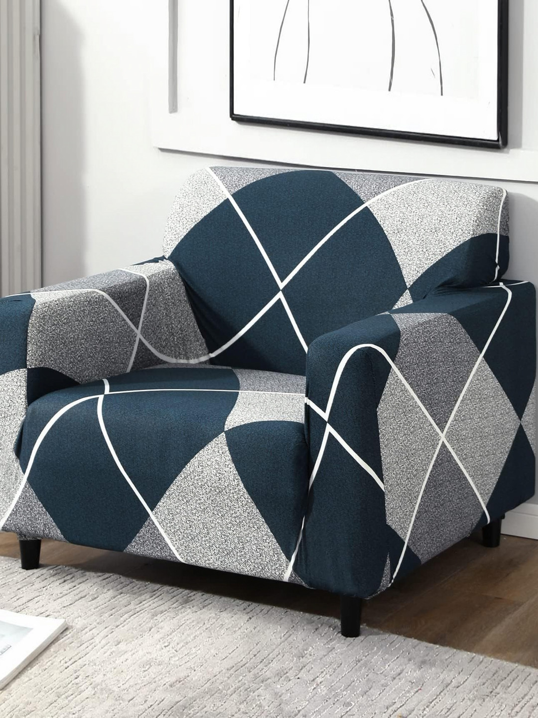 B BESTILO Blue & Grey Printed Polyester 1 Piece Sofa Cover With Arms